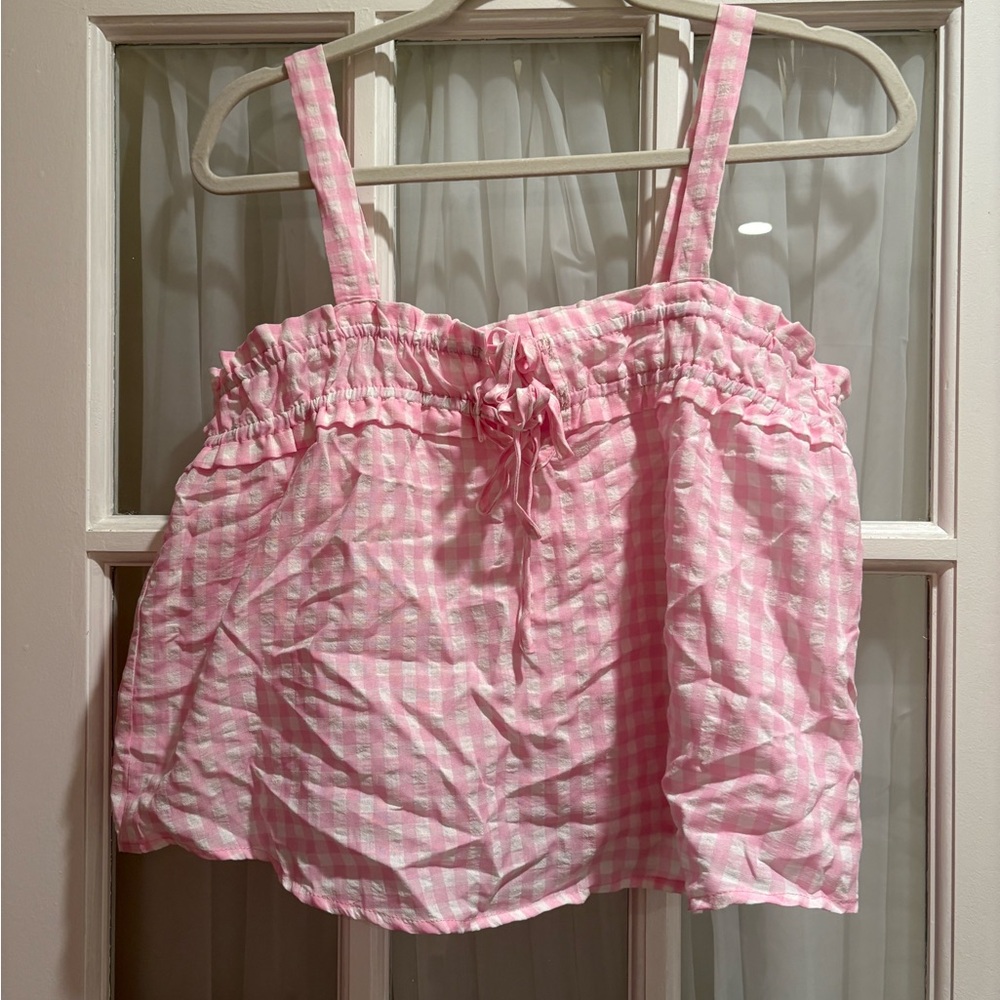 Gingham Pink Ruffle Tank Top